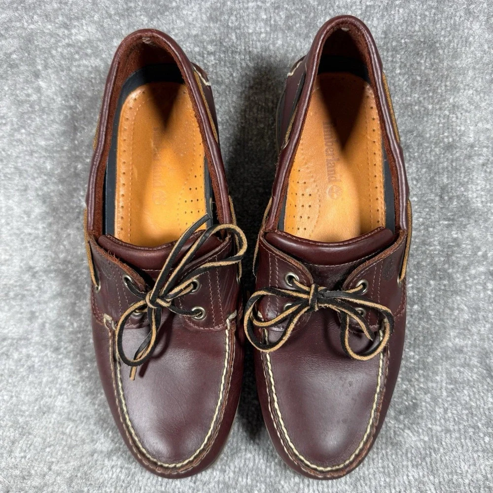 Timberland Loafers Men's 10.5 Brown Leather 2-Eyed Boat Shoes Classic Dad Preppy